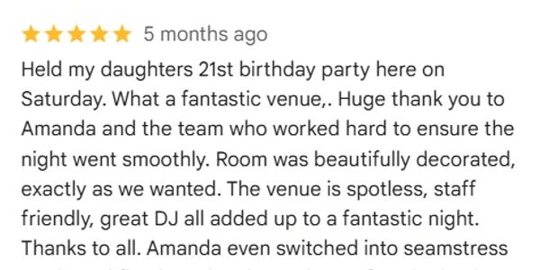 Positive 5-star review praising venue, staff, and event experience.