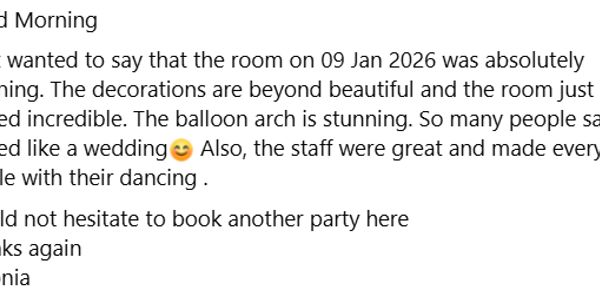 Positive feedback praising stunning room decorations and excellent staff at a party venue.