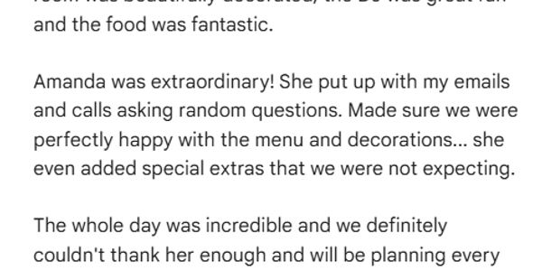 A glowing five-star review praising Amanda and her team for an exceptional vow renewal event.