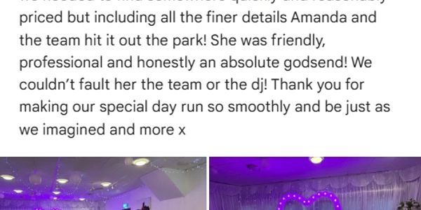 Wedding reception venue beautifully decorated with purple lighting and floral arrangements.