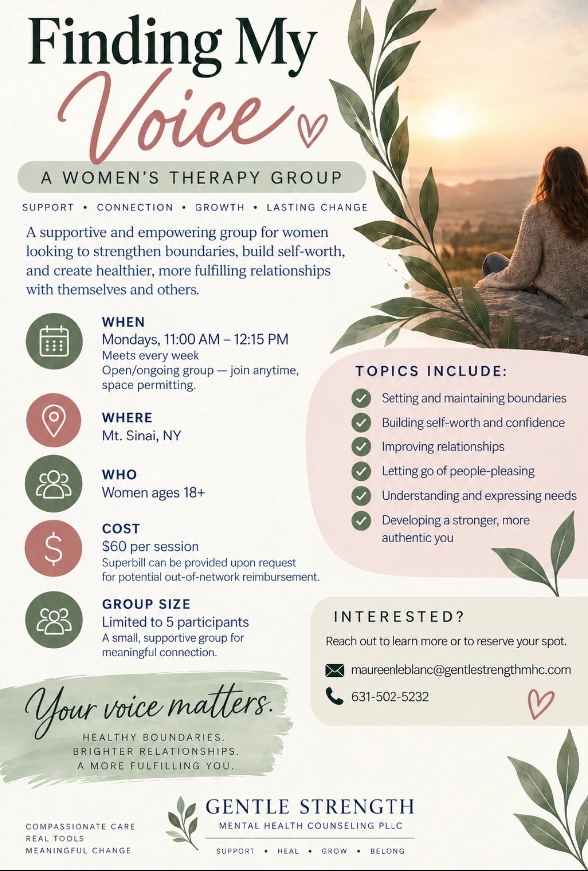 Flyer for a women's therapy group focused on support and growth.