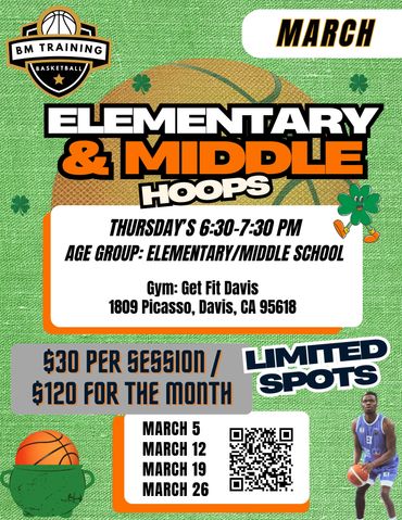 Elementary and middle school hoops Thursdays 6:30-7:30p Age Group: elementary and middle school