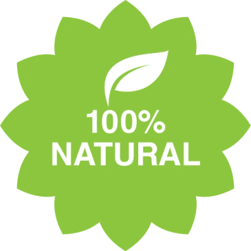 Green badge with a leaf and '100% NATURAL' text.