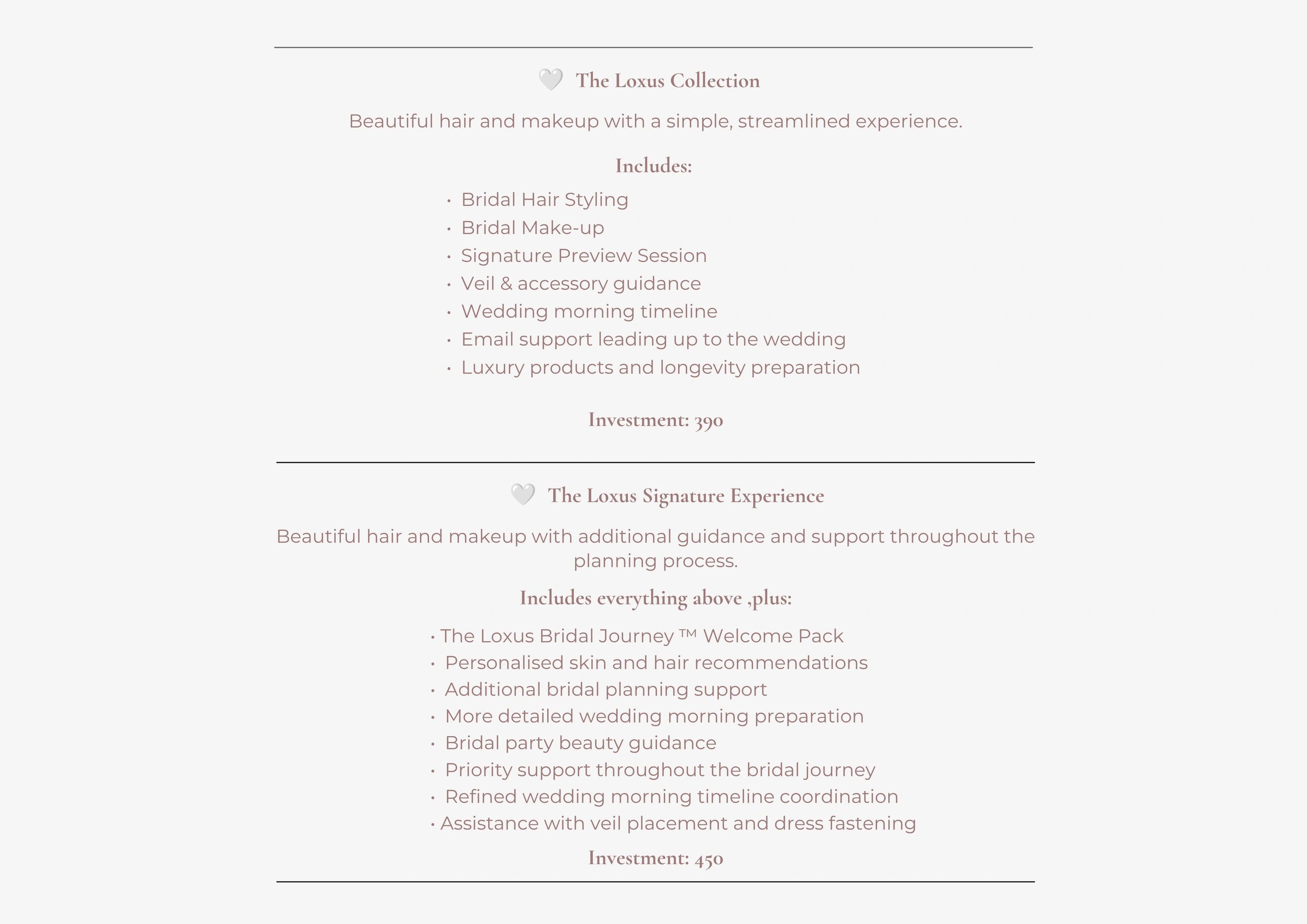 Loxus Collection bridal hair and makeup package details and pricing.