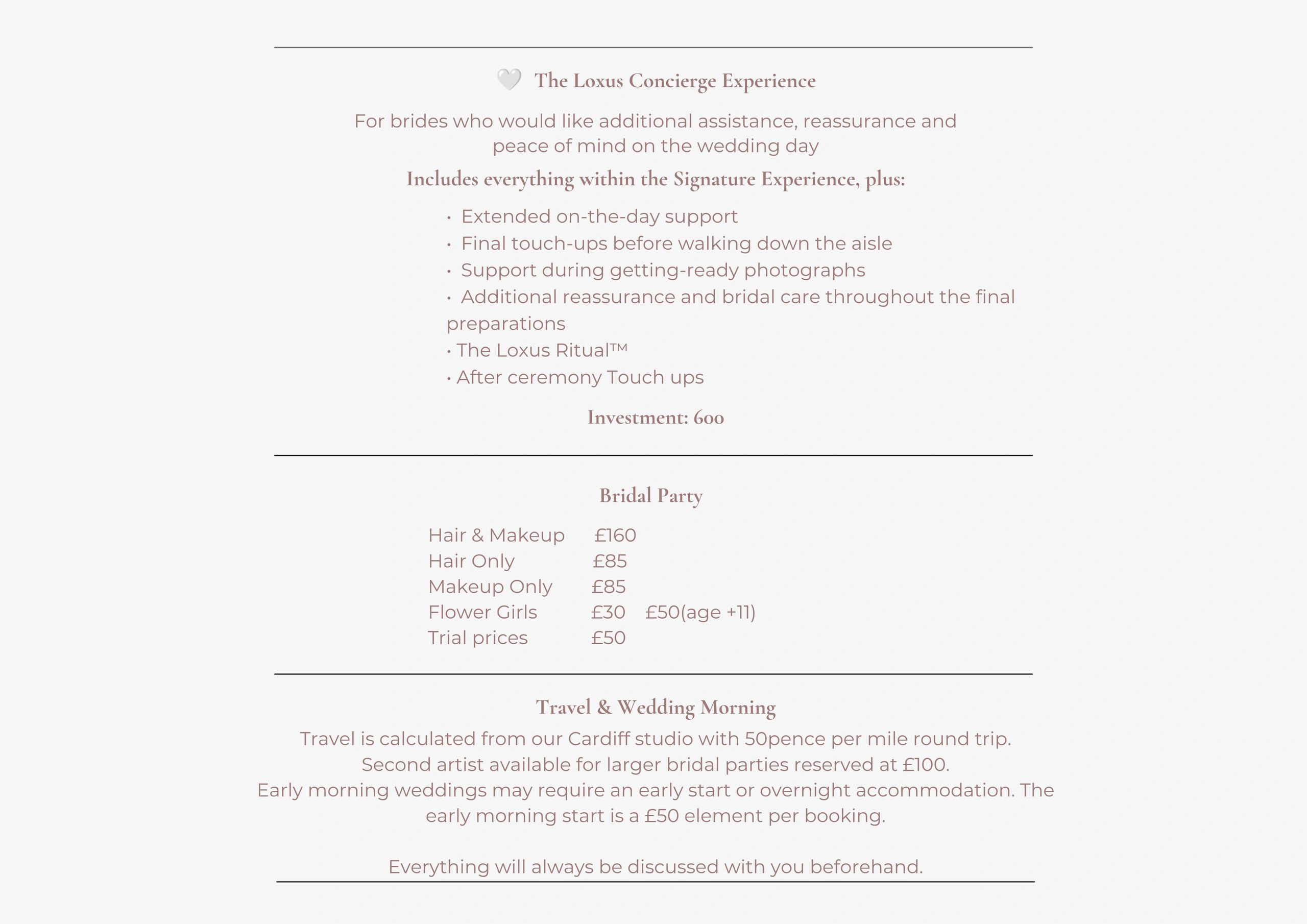 Wedding concierge and bridal party service pricing.