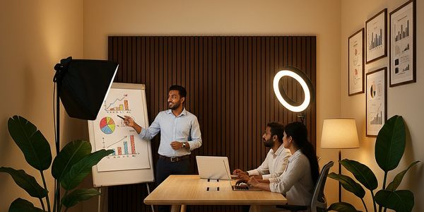 One male presenter standing near a flipchart explaining graphs & data charts to the people sitting