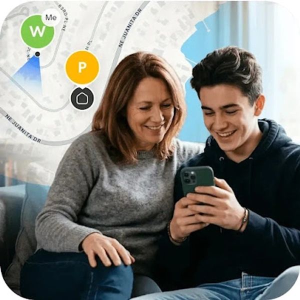 A smiling woman and teenager using a smartphone with a location app map overlay.