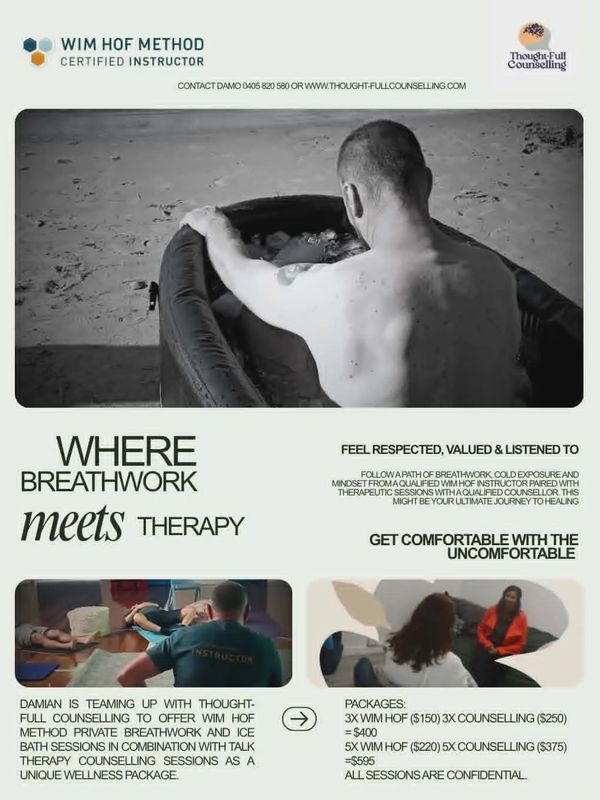Wim Hof Method breathwork and therapy sessions with ice bath and counseling.
