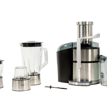 Set of kitchen appliances including a blender, grinder, and juicer with stainless steel bases.