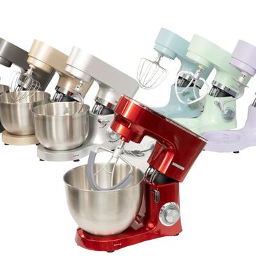 A lineup of colorful stand mixers with stainless steel bowls.