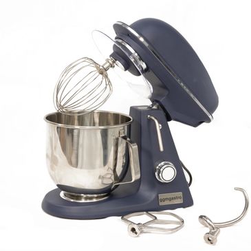 Dark blue stand mixer with stainless steel bowl and attachments.