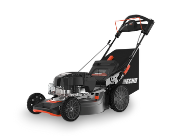 Black and orange Echo push lawn mower with a grass catcher bag.