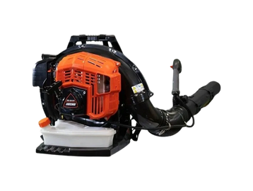 A backpack leaf blower with an orange engine and black tubing.