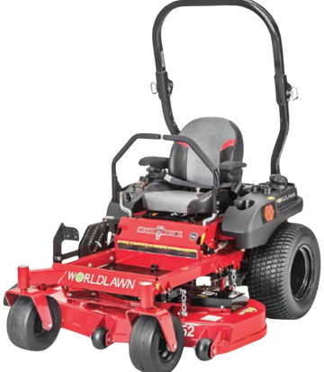Red zero-turn lawn mower with black seat and large rear tires.