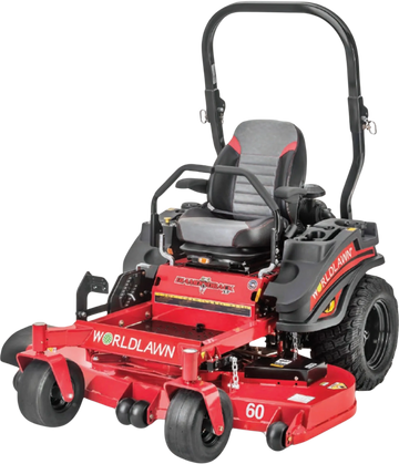 Red Worldlawn zero-turn riding lawn mower with black and gray seat.