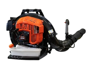 Orange and black backpack leaf blower with visible fuel tank and handle.