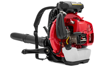 A red and black backpack leaf blower with a white fuel tank.