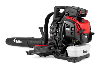 RedMax backpack leaf blower with black and red design and white fuel tank.