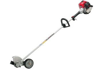 Gas-powered wheeled grass trimmer with red engine and metal blade.