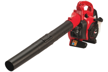 Red and black handheld leaf blower with long nozzle.