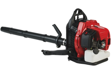 A red and black backpack leaf blower with a white fuel tank.