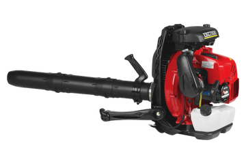 Backpack leaf blower with red and black design and white fuel tank.