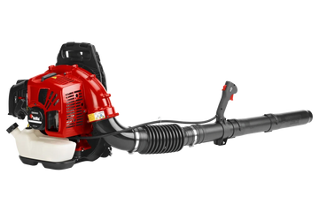 RedMax backpack leaf blower with black tubing and white fuel tank.