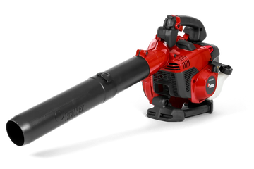 A red and black handheld leaf blower on a black background.