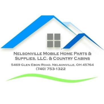 Logo for Nelsonville Mobile Home Parts & Supplies with cabin graphics.