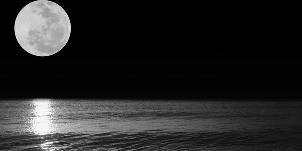 Full moon over calm ocean at night.