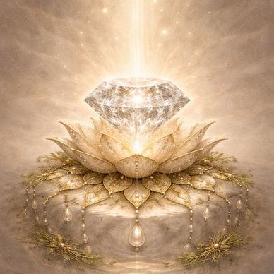 A radiant diamond above a golden lotus with glowing light and pearls.