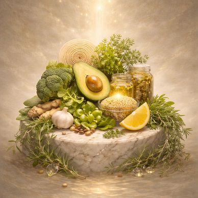 A radiant display of fresh vegetables, herbs, and jars on a marble pedestal.