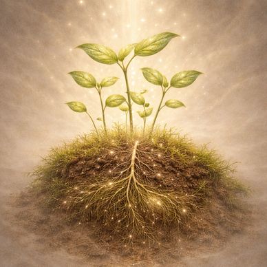 Glowing plants growing with illuminated roots in soil.