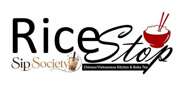 Logo for Rice Stop, a Chinese/Vietnamese kitchen and boba tea spot.