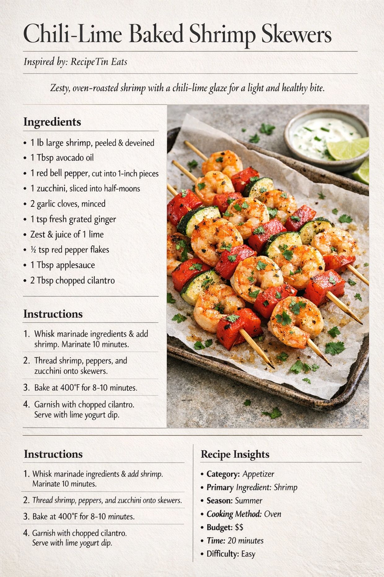 Chili-lime baked shrimp skewers with zucchini and bell pepper, garnished with cilantro.