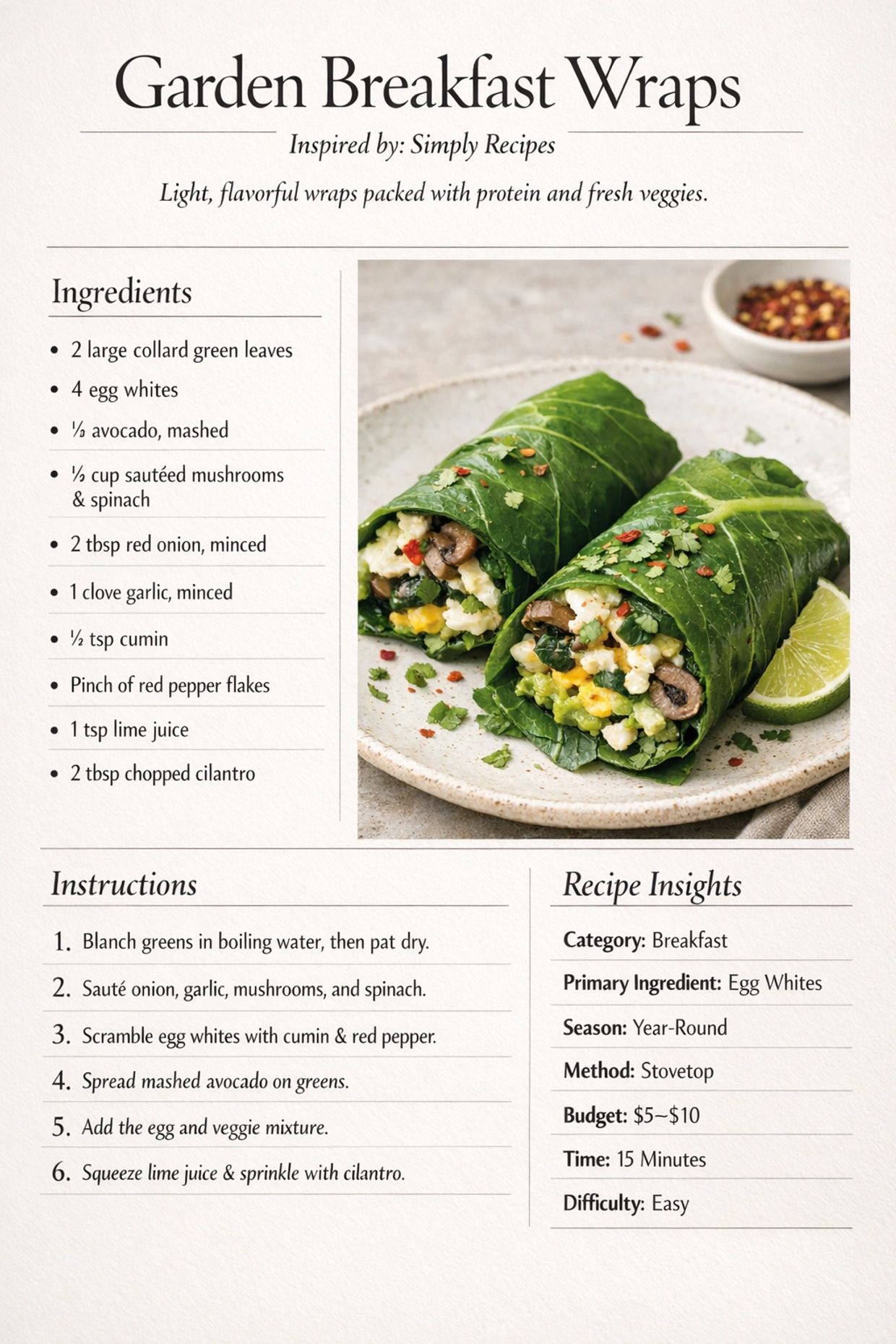Healthy Garden Breakfast Wraps made with collard greens, egg whites, and fresh veggies.
