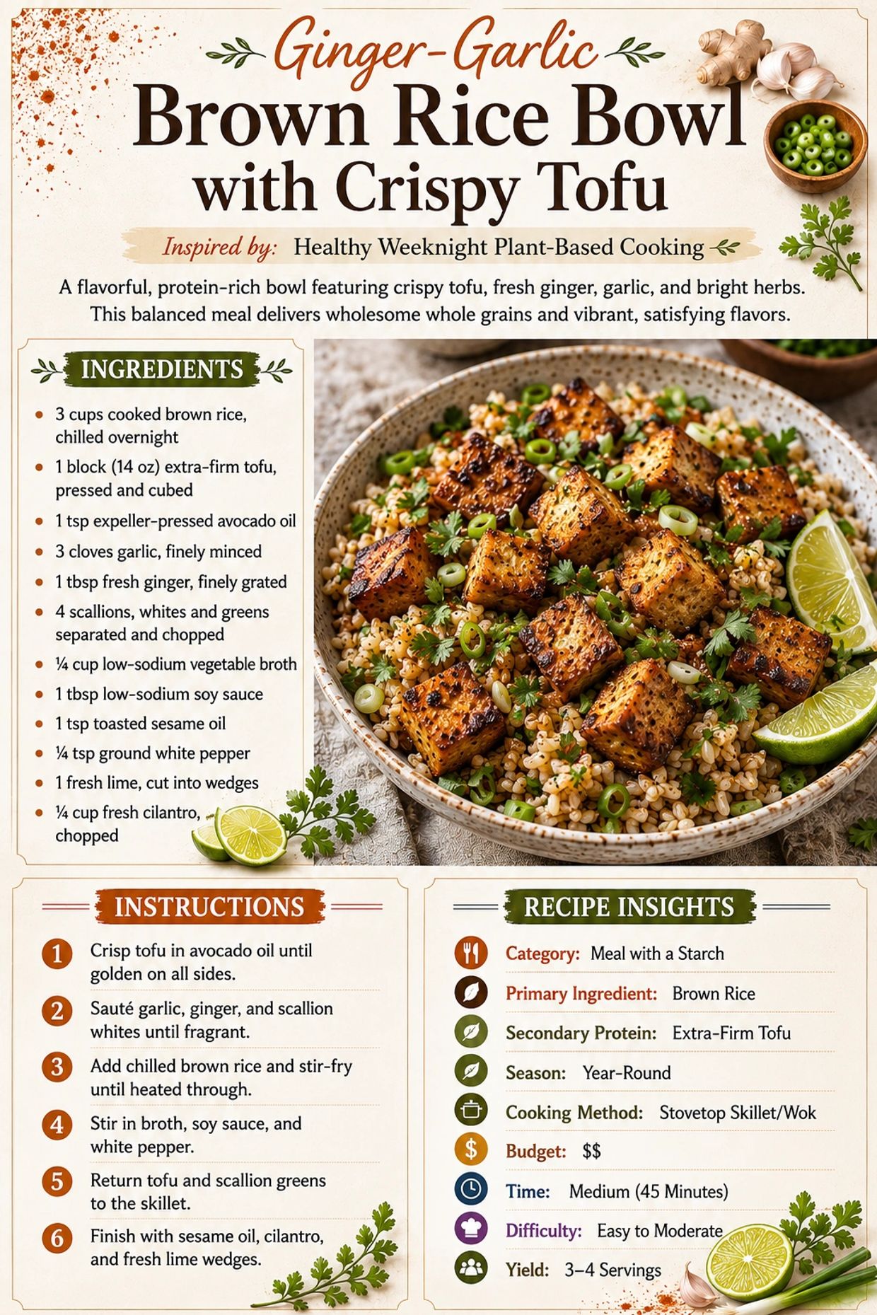 Ginger-Garlic Brown Rice Bowl with Crispy Tofu, a flavorful plant-based meal with fresh herbs and protein-rich tofu.
