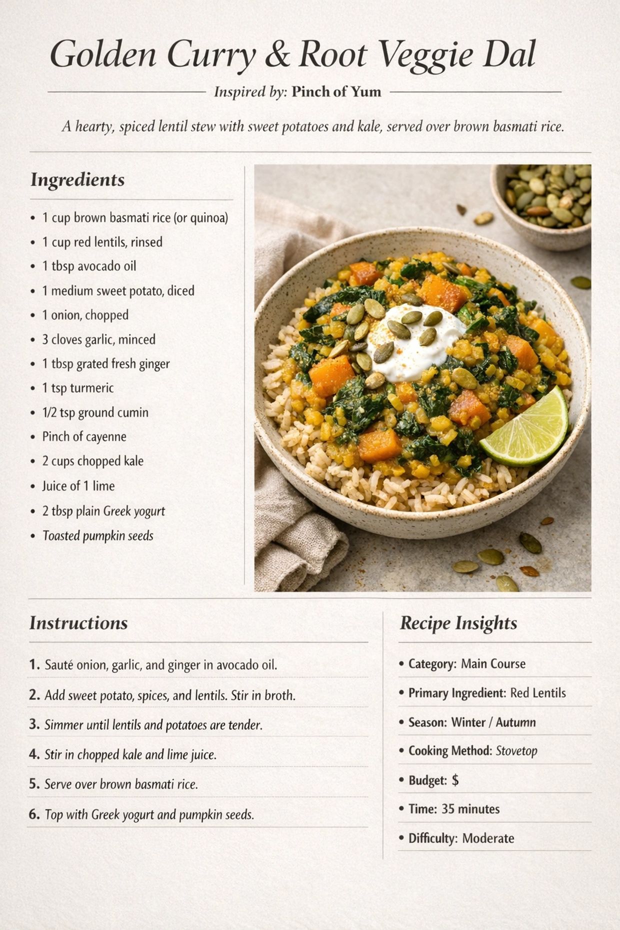 Golden Curry & Root Veggie Dal with lentils, sweet potato, kale, and brown basmati rice, topped with