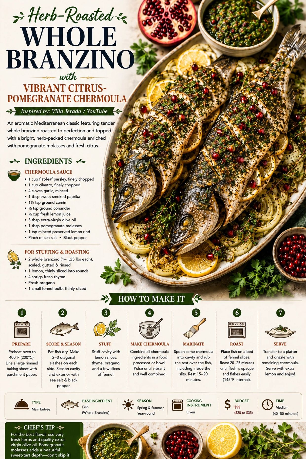 Branzino recipe with chermoula and pomegranate