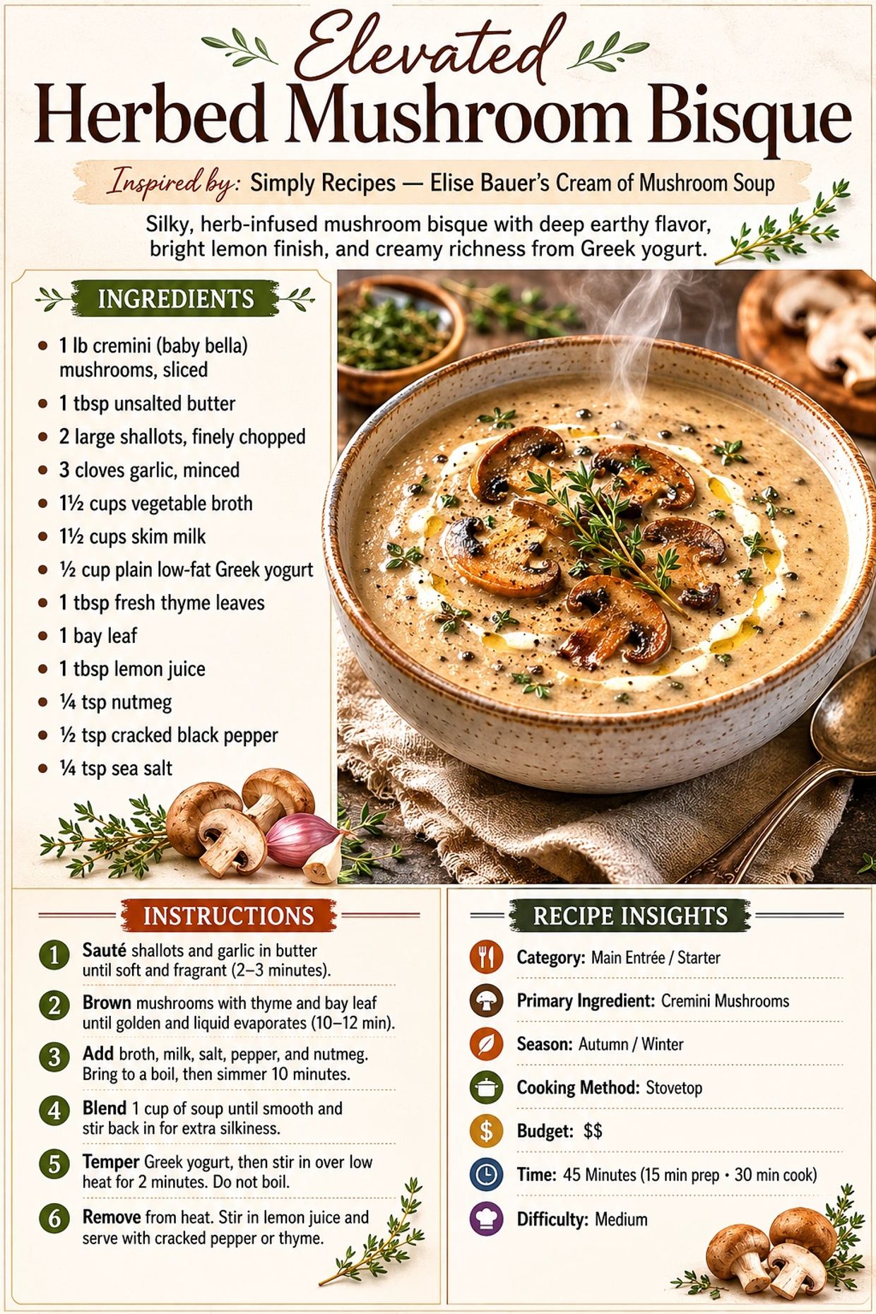 Recipe for herbed mushroom bisque with cremini mushrooms and Greek yogurt.