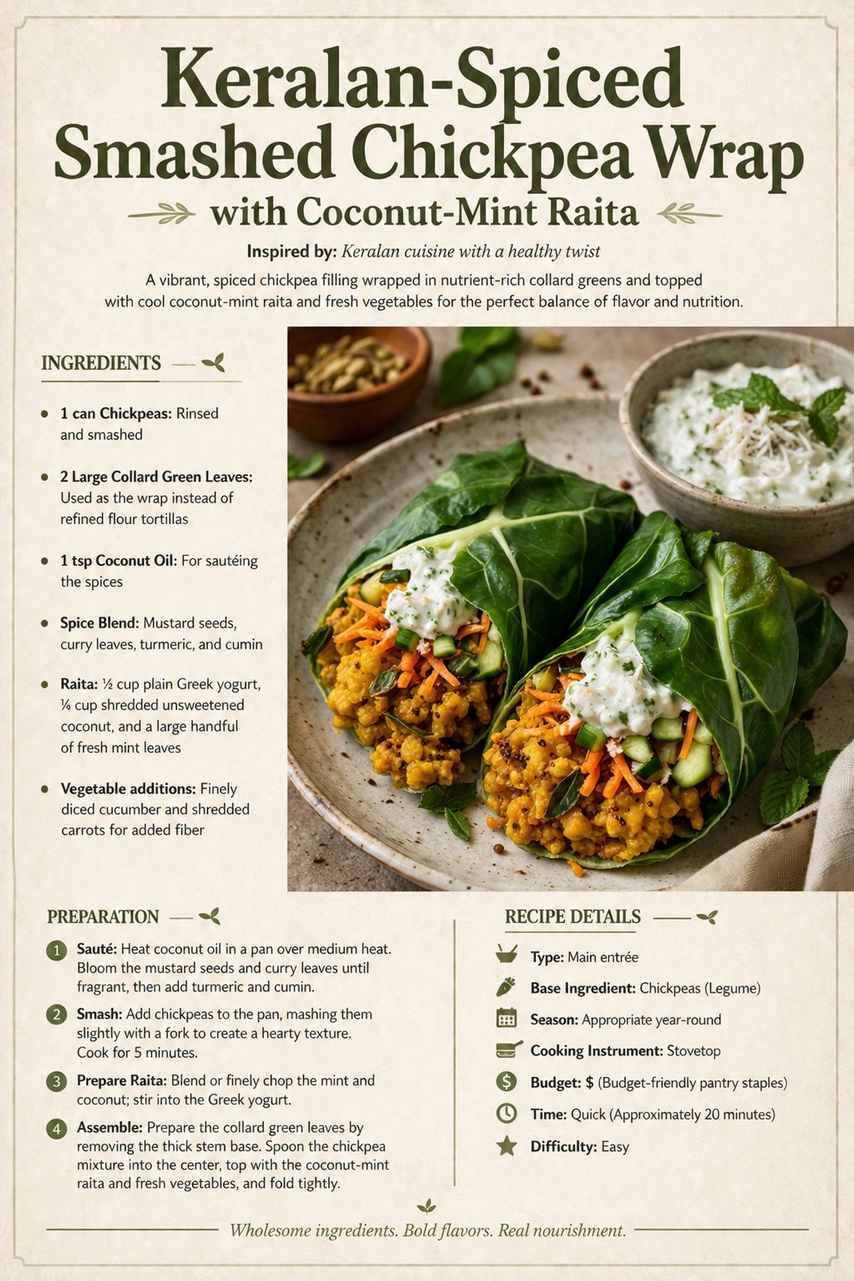 Mashed chickpeas topped with diced cucumbers, shredded carrots and raita with a collard green wrap