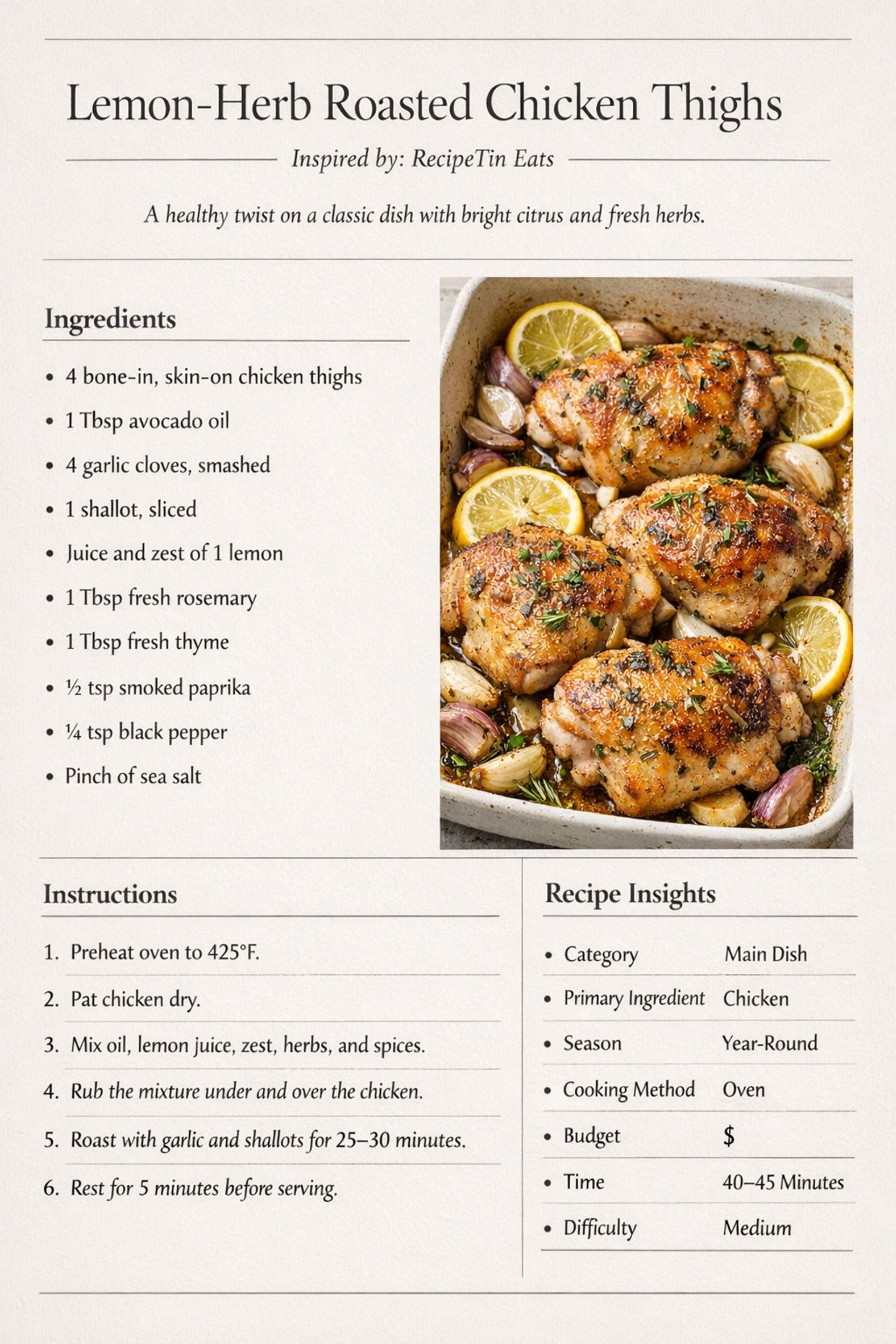 Lemon-herb roasted chicken thighs with garlic and lemon slices, garnished with fresh herbs.
