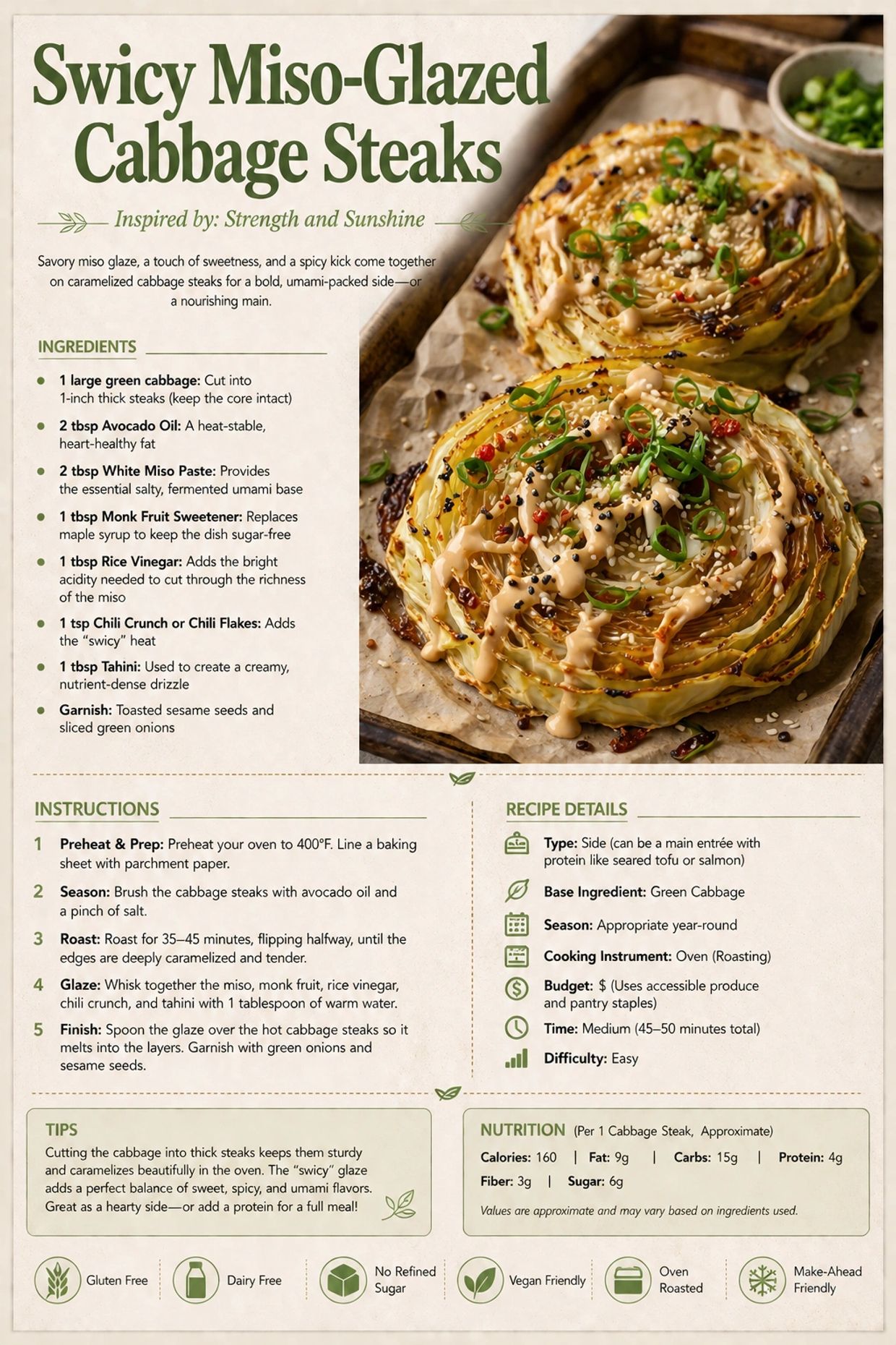 Swicy Miso-Glazed Cabbage Steaks recipe dressing garnished with chili flakes and green onions