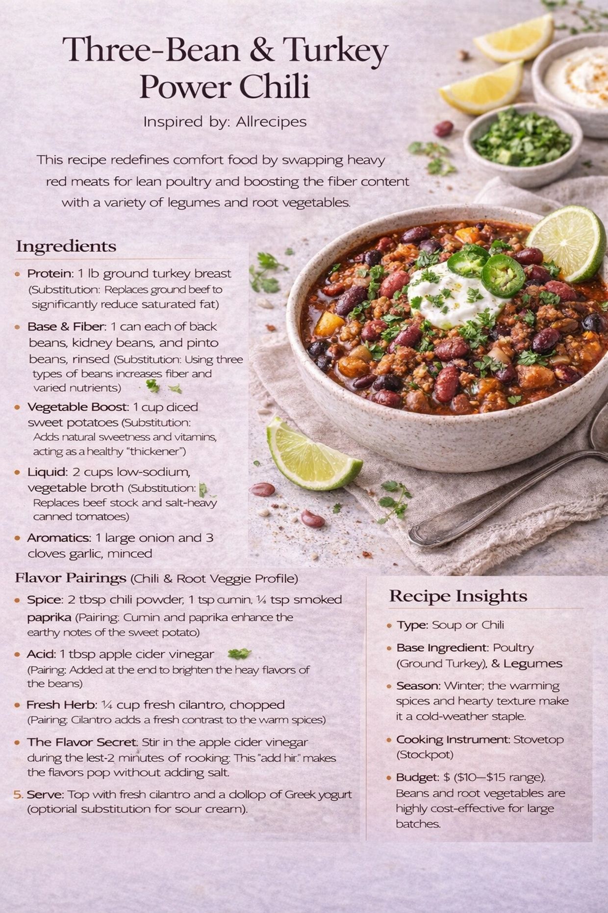 Delicious Three-Bean & Turkey Power Chili with fresh cilantro and lime, packed with lean protein and fiber-rich legumes.