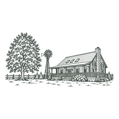 A farmhouse with trees and a windmill.