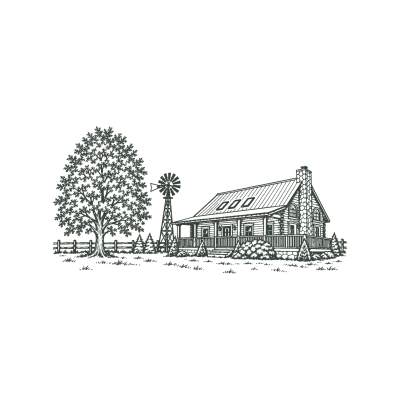 A farmhouse with trees and a windmill.