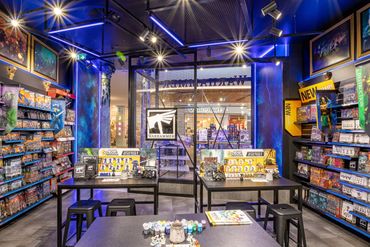 Retail display shelving, colour changing LED lighting and feature ceiling