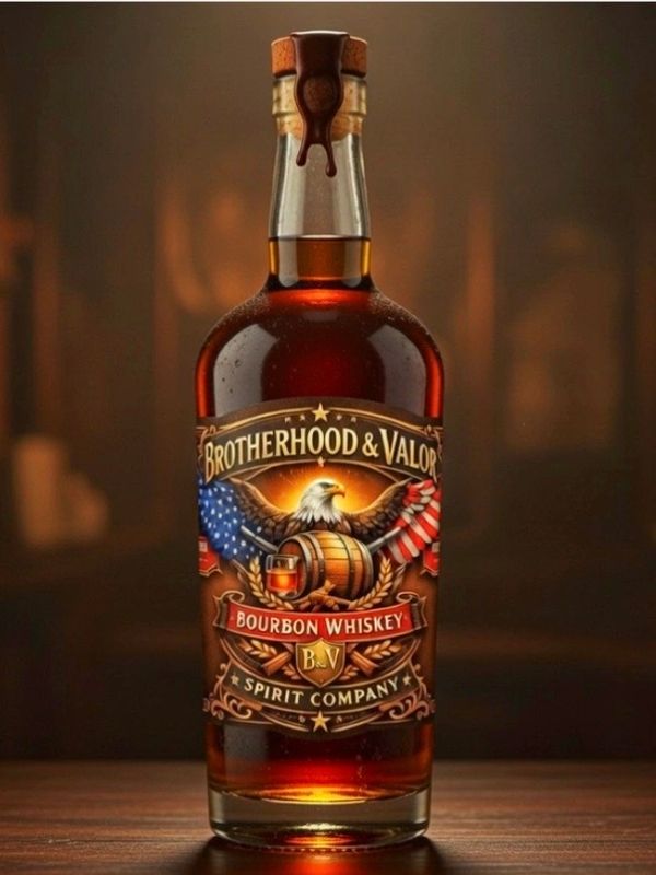 Bottle of Brotherhood & Valor Bourbon Whiskey with patriotic label design.