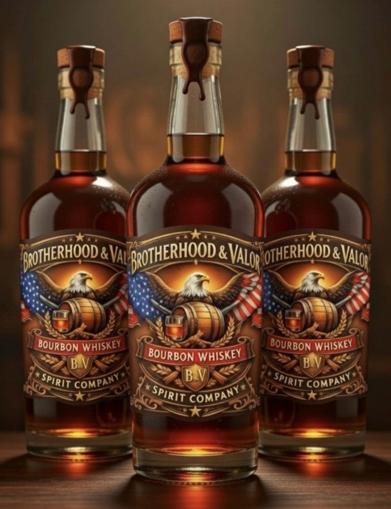 Three bottles of Brotherhood & Valor Bourbon Whiskey with patriotic labels.