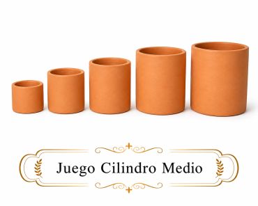 Set of five terracotta cylindrical pots increasing in size.